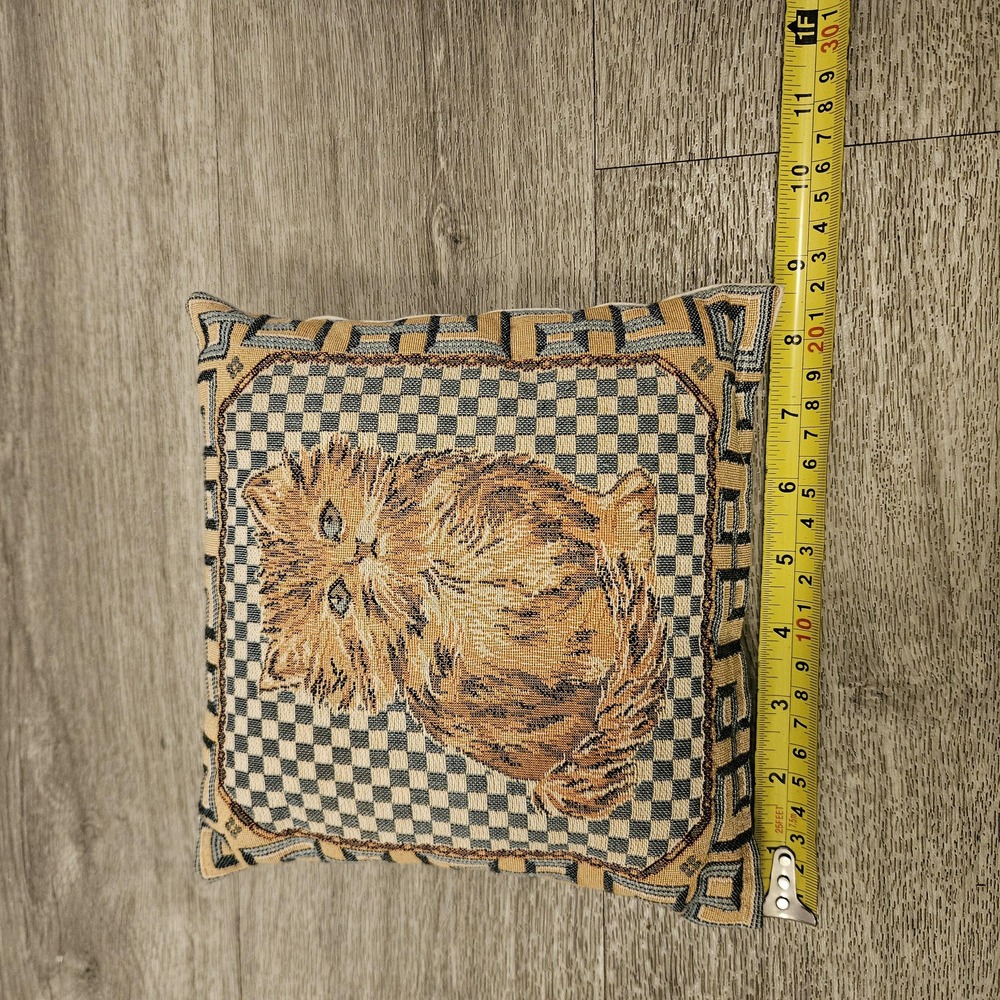 vintage woven tapestry throw pillow orange tabby cat checkered geometric decor - Picture 5 of 8
